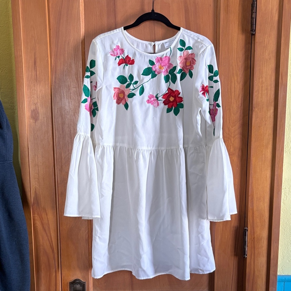 Topshop White Mini Dress with Pink, Red & Green Floral Embroidery